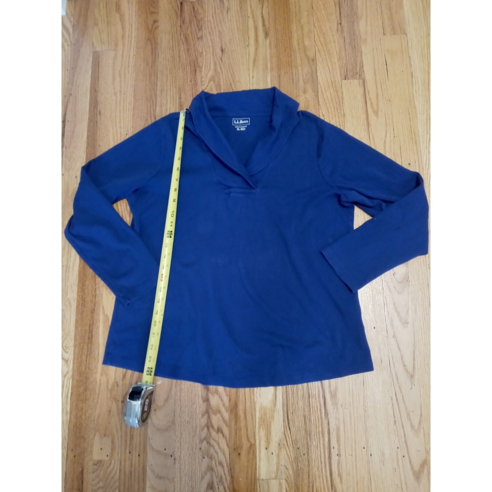 LL Bean Top Womens XL Blue  Shawl Collar V Neck Long Sleeve Sweatshirt Cotton